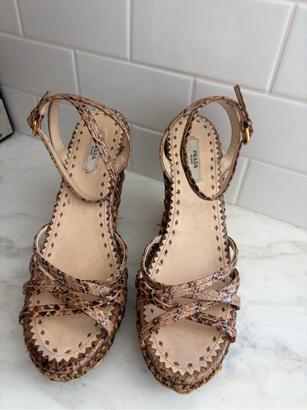 Prada Tan Brown Snakeskin Wedge Sandals